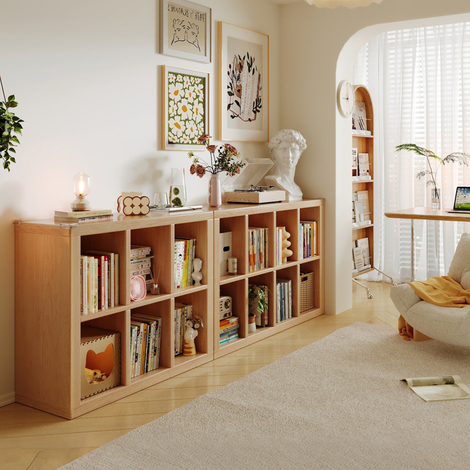 实木格子柜书柜落地置物架客厅原木奶油白收纳储物柜组合飘窗矮柜,住宅家具,书架,淘宝优惠券,粉丝福利购,淘宝优惠卷