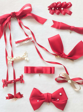 Catch you Catch me红色系圣诞新年发夹头饰酒红色蝴蝶结lolita