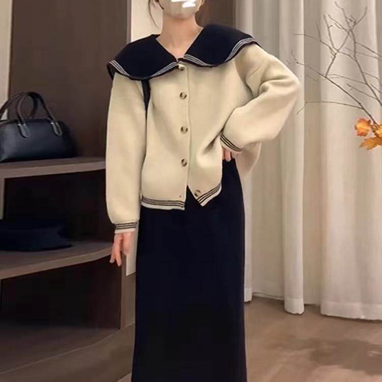 海军领毛衣女秋冬季2024新款爆款小香慵懒学院风针织开衫韩系上衣