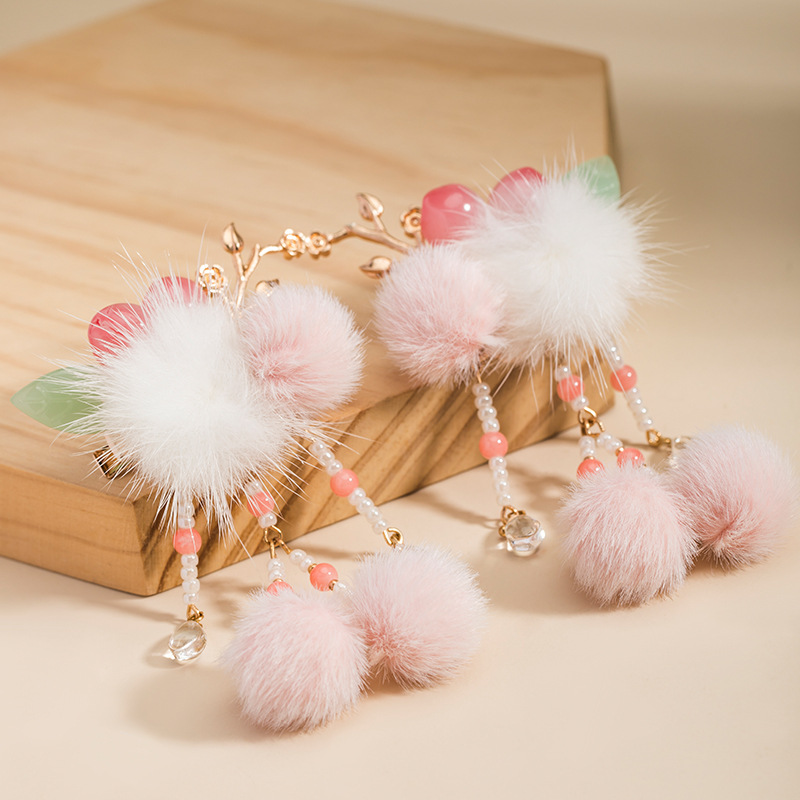 毛球发夹古风毛绒发饰汉服中国风汉元素冬季头饰儿童毛茸茸可爱