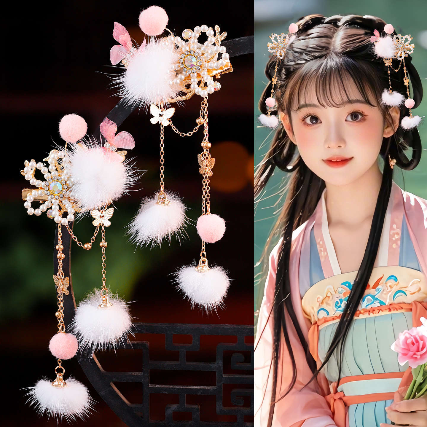 古风汉服气质古装日常百搭粉色毛球花朵发夹清新手工流苏发夹配饰