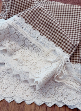 有口袋 裤口双层蕾丝拼接 复古棕色格子 森女松紧腰 休闲裤9分裤