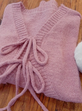 rom2温柔灰紫色 绑带蝴蝶结 日系森女田园风 针织毛衣披肩小外套