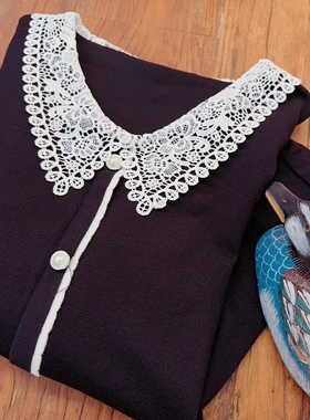 rom2打底叠穿好物 法式蕾丝大翻领 森系显瘦黑色气质打底针织衫