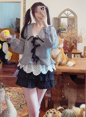rom2外搭好物 绑带蝴蝶结森女田园风 日系黑色格子复古衬衫小开衫