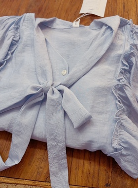 rom2法式绑带蝴蝶结 温柔浅蓝色 休闲慵懒风 甜美荷叶边 显瘦衬衫