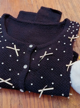 rom2秋冬氛围感 复古黑色钉珠蝴蝶结 甜美法式小香风 薄毛衣开衫