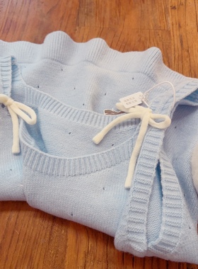 rom2刺绣提花 叠穿好物 外搭温柔蓝色针织背心 慵懒风宽松坎肩