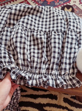 rom2高品质 慵懒风 宅寂风 日系森女田园风黑色格子休闲裤 灯笼裤