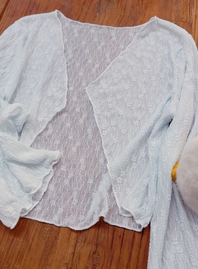 rom2日常好搭 法式优雅 温柔蓝色 舒适弹力蕾丝衫小披肩无扣开衫