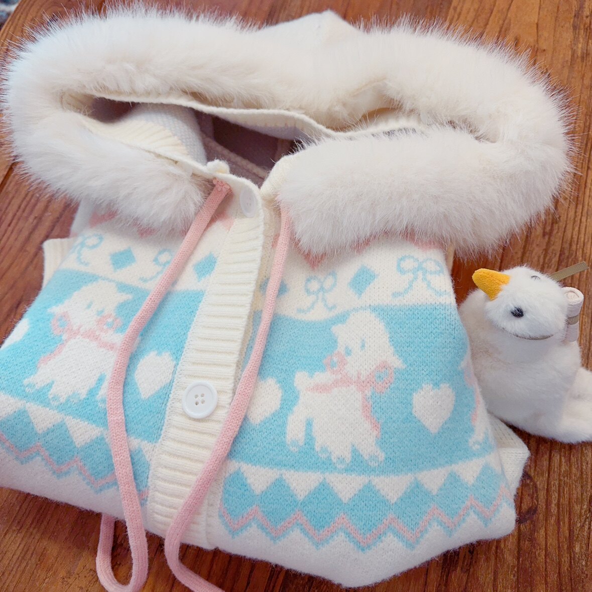 森系小羊加厚连帽针织毛衣外套