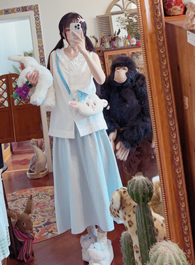 rom2高品质 有手插袋 后背松紧腰 浅蓝色水洗缅布料 中长款半身裙