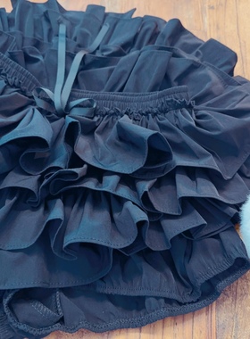 rom2高品质 防走光有安全裤 个性黑色休闲荷叶边蓬蓬裙半身裙短裙