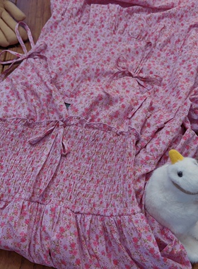 rom2高品质 有内衬 森女田园风 粉色小碎花 超长款打底吊带连衣裙