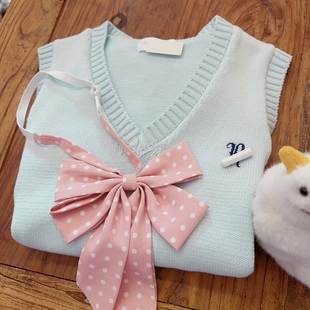 针织马甲 JK制服日系背心马夹 rom2送波点领结 学院风薄荷蓝绿色