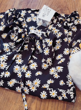 rom2胸前抽绳绑带 可调节 复古黑色小雏菊印花 雪纺衫中长款上衣