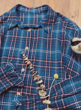 rom2复古蓝色格子 英伦学院风 磨毛加厚秋冬长袖慵懒风衬衫