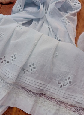 rom2高品质 有口袋 温柔浅蓝色 森女刺绣提花 松紧腰休闲裤直筒裤