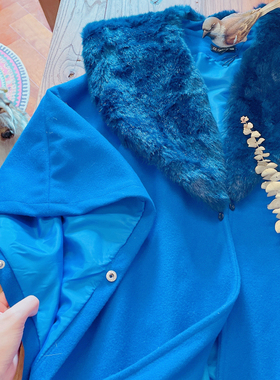 rom2可拆卸毛领 复古气质蓝色无扣披肩开衫秋冬毛呢斗篷披肩外套