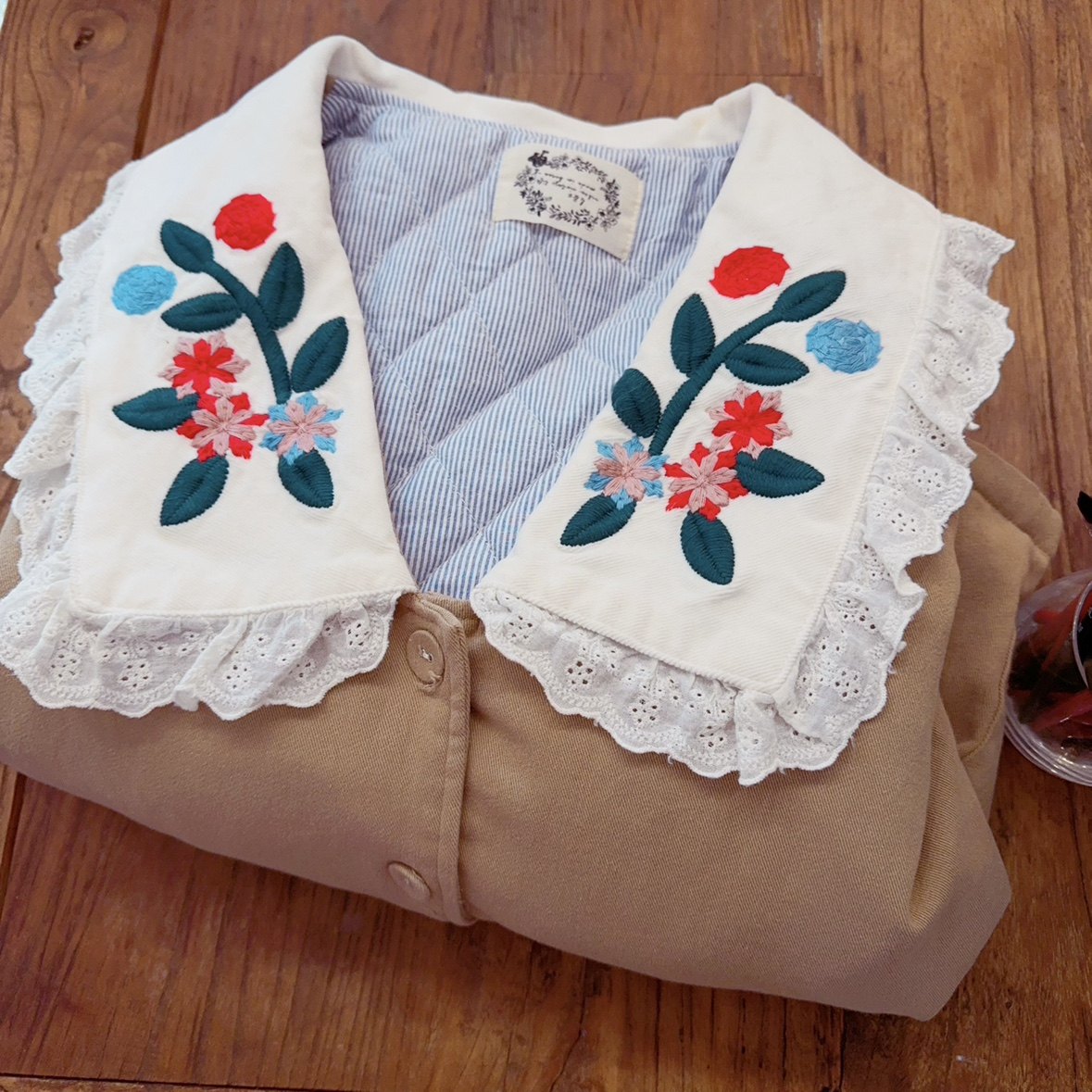 森女田园风 刺绣娃娃领 蕾丝荷叶边 复古美拉德卡其色 夹棉短外套,女装/女士精品,棉衣/棉服,淘宝优惠券,粉丝福利购,淘宝优惠卷