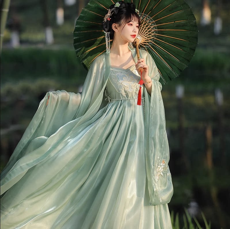 唐制汉服女诃子裙古装绿色国风广袖流仙裙超仙飘逸改良连衣裙春款