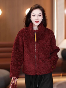 冬季安可拉红皮毛一体外套女2025新款小个子冬加厚立领羊羔毛短款