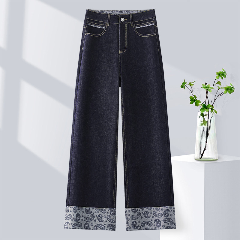 新款深蓝色直筒牛仔裤女春季大码胖 mm 高腰宽松设计感阔腿长裤子