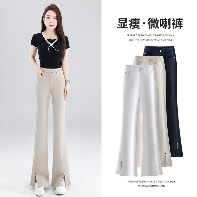 白色开钗微喇叭裤夏季薄款2026新款女莱赛尔冰感天丝棉西装喇叭裤