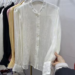 宽松女松弛感高级感立领禅意小衫 新中式 钉珠刺绣春夏百搭网纱衬衫