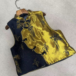 立领斜襟竹叶提花叠穿百搭坎肩 马甲女早春款 新中式 风重磅醋酸无袖