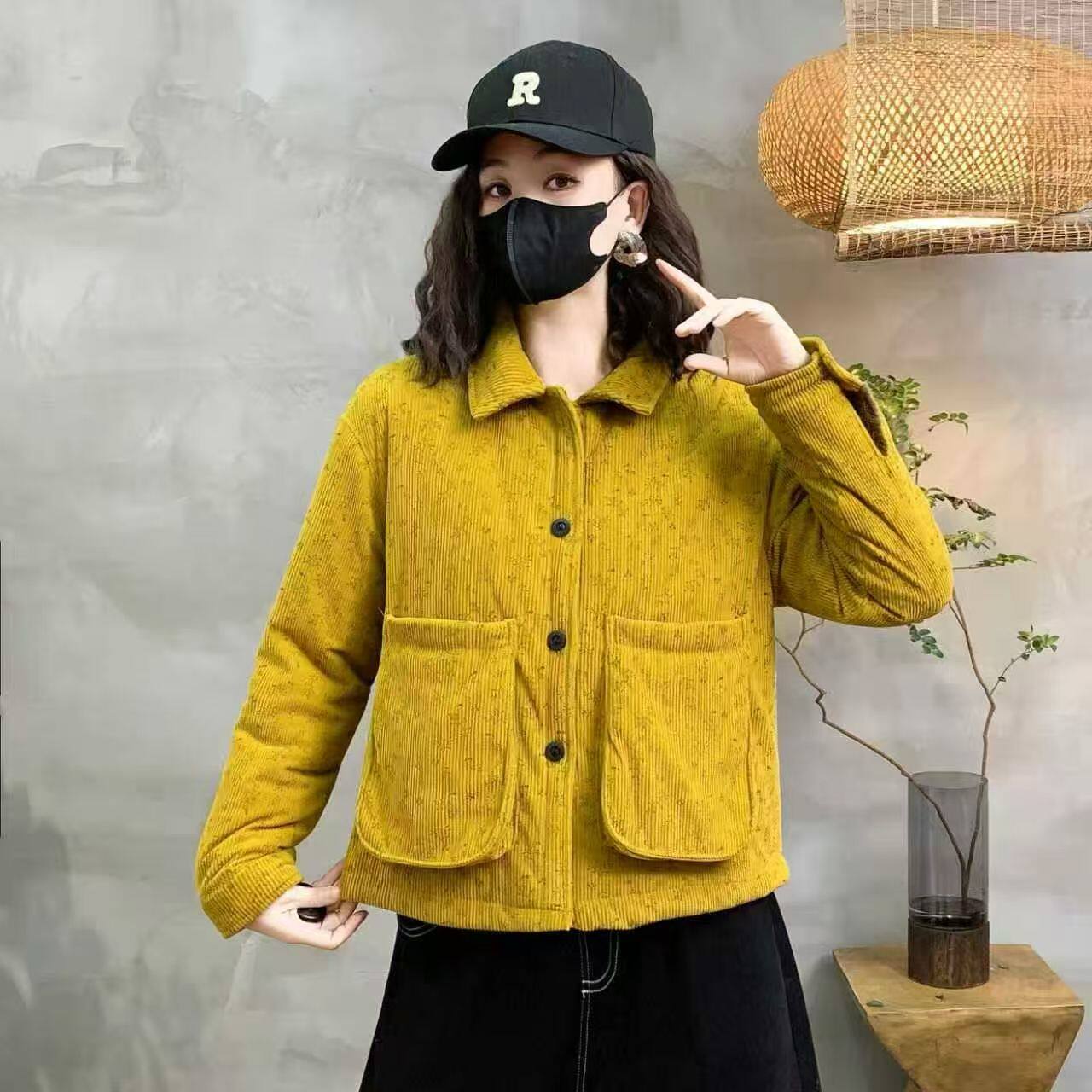 冬季新款灯芯绒翻领棉服外套女