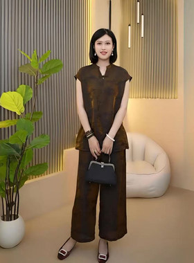 中式复古提花宽松女士上衣两件套