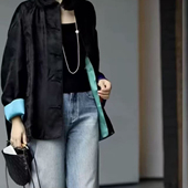 外套国潮立领老钱风慵懒盘扣对襟开衫 时尚 黑色撞色秋季 中式 女 个性