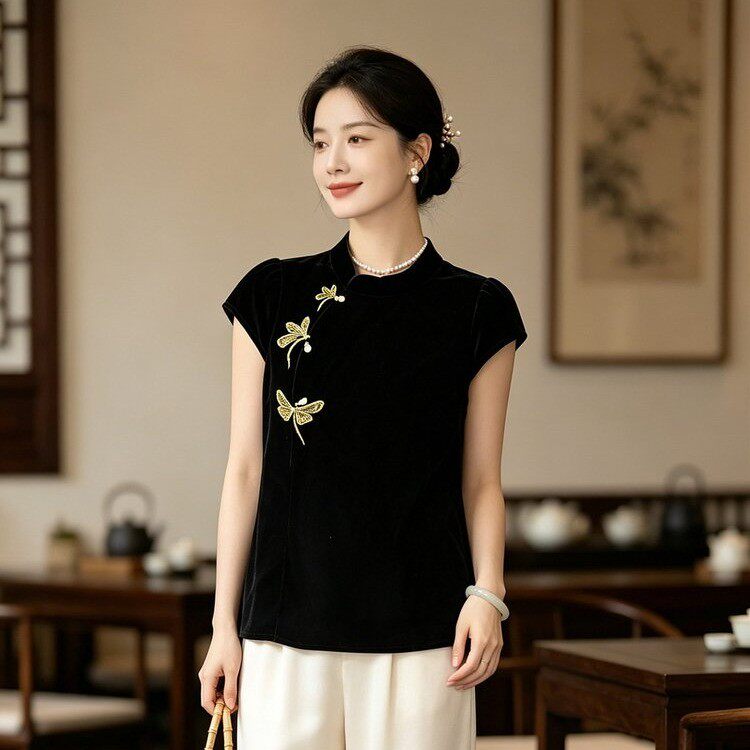 旗袍上衣女复古斜襟丝绒短袖小衫图片