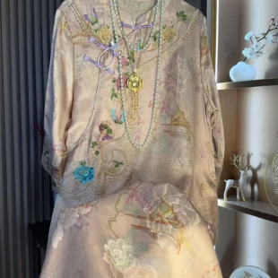 中式改良复古盘扣斜襟旗袍裙宽松小众高端七分袖提花刺绣连衣裙女