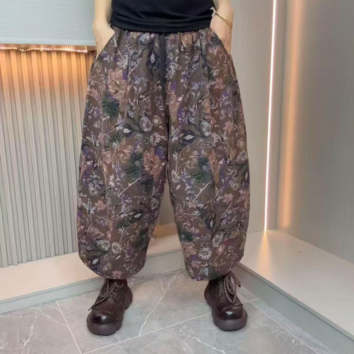 老钱风时尚花色保暖九分阔腿棉裤