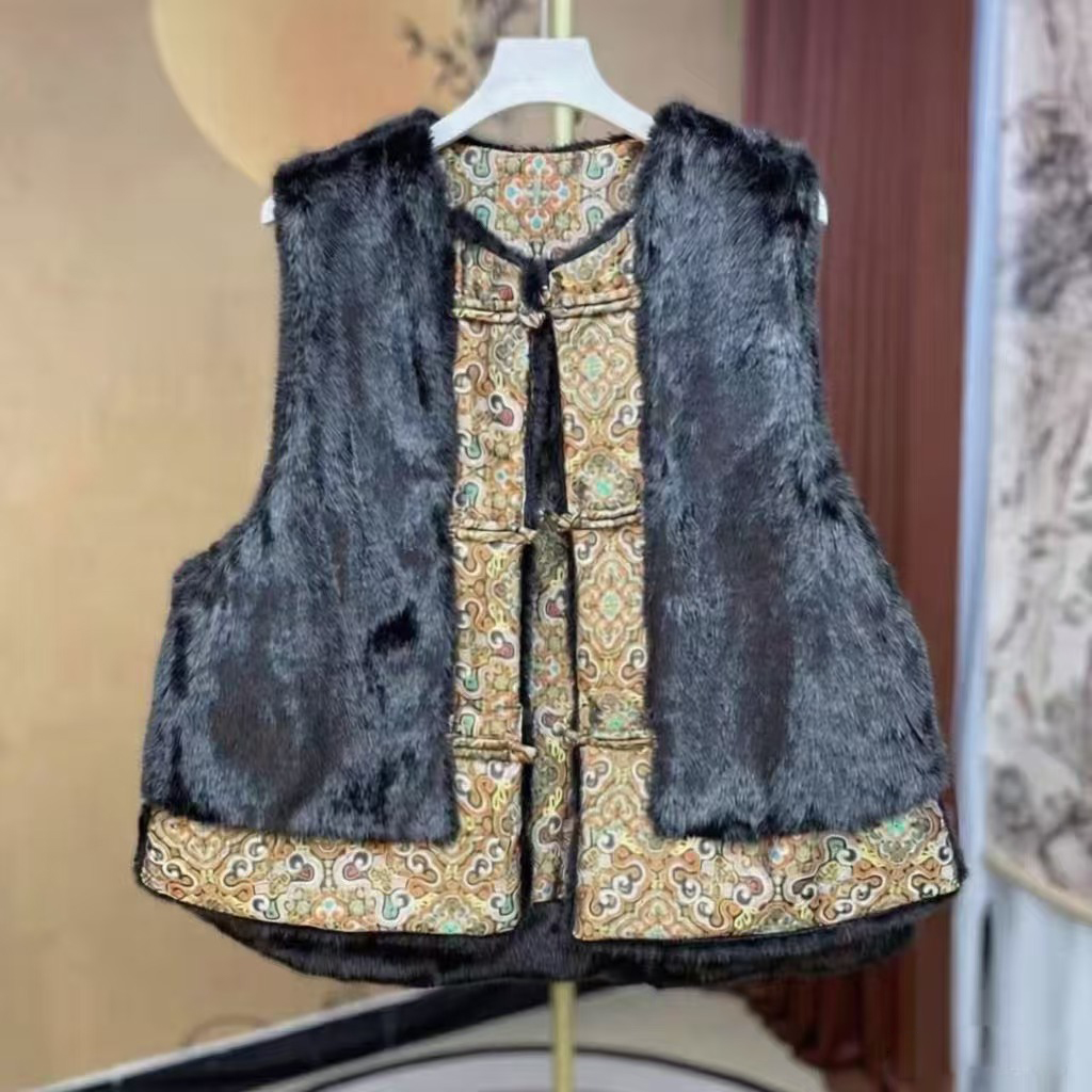 织锦缎双面穿皮毛一体圆领棉坎肩