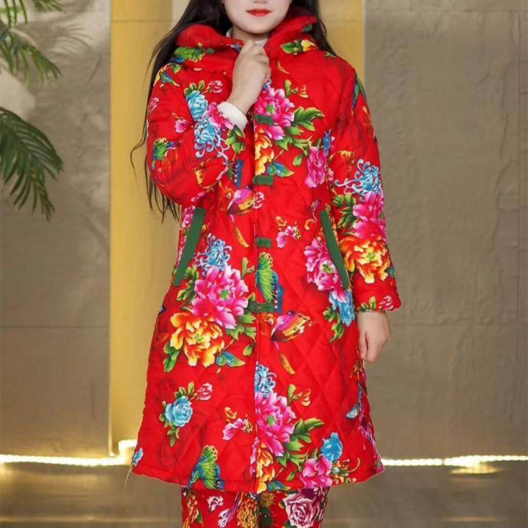 2024冬季东北大花长款加厚夹棉棉衣盘扣保暖连帽中国风女时尚棉服,女装/女士精品,棉衣/棉服,淘宝优惠券,粉丝福利购,淘宝优惠卷