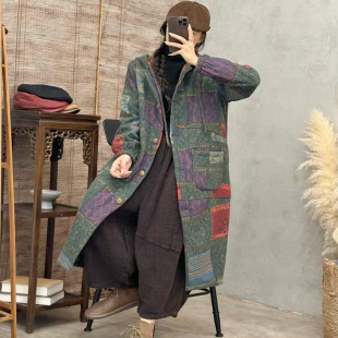 国风个性 秋冬新款 连帽加绒开衫 中长款 印花棉麻外套 民族风风衣女装