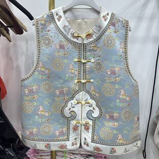 早春新中式宋锦工艺提花圆领马甲对襟盘扣刺绣显瘦外套轻奢上衣女