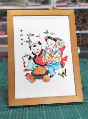 杨柳青年画吉祥如意春牛图带框