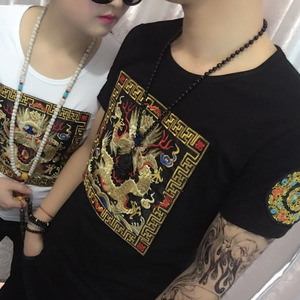 中国风刺绣花快购手红人同款短袖情侣t恤男女半袖龙袍短袖官服t恤