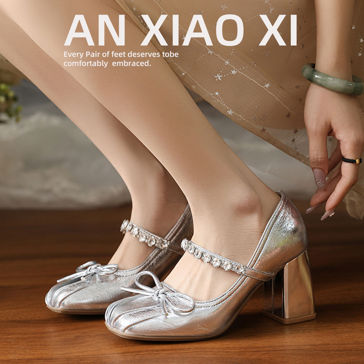 安小夕~法式银色粗跟单鞋女2025