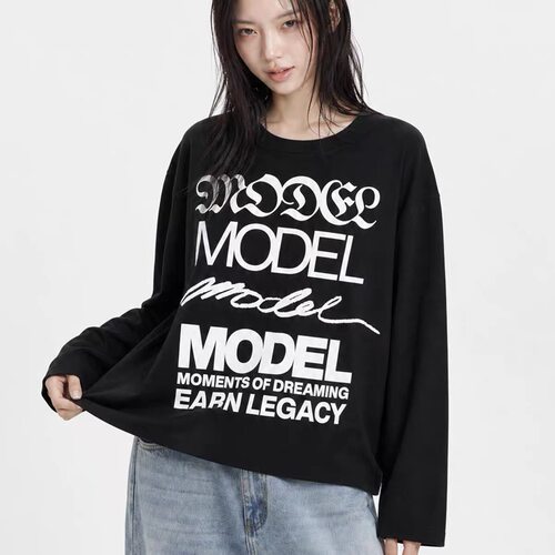 李大奔同款MOONWAV MODEL大字报标语印花长袖T恤秋季全棉宽松上衣