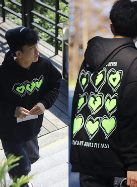 KZDALL库知道爱心印花连帽卫衣男女2025秋冬套头帅气休闲情侣宽松