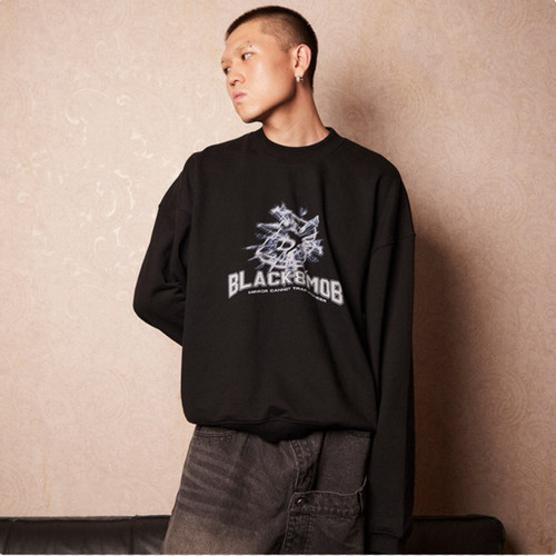 BLACK8MOB 美式复古破碎镜面Logo圆领套头卫衣 男女同款 黑色