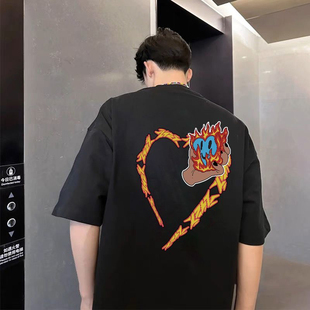 复古棉短袖 LOGO火焰爱心印花男女情侣美式 T恤 法老同款 2727WORLD