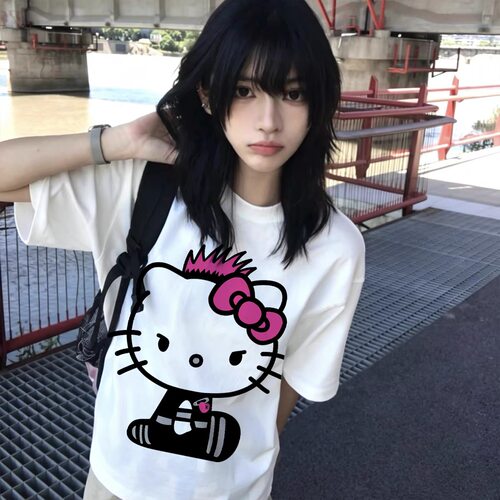 Hello Kitty黑皮凯蒂猫联名gotcha新款男女情侣美式复古短袖T恤