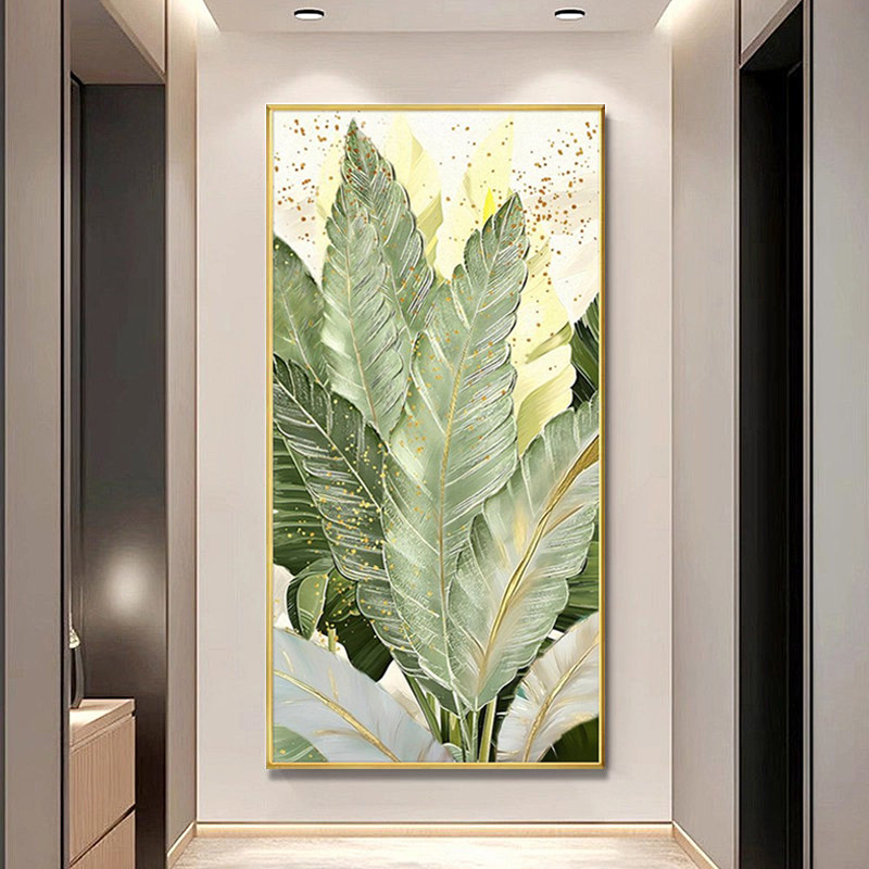 手绘芭蕉叶艺术壁画 轻奢玄关实木装饰画 肌理风格走廊过道设计