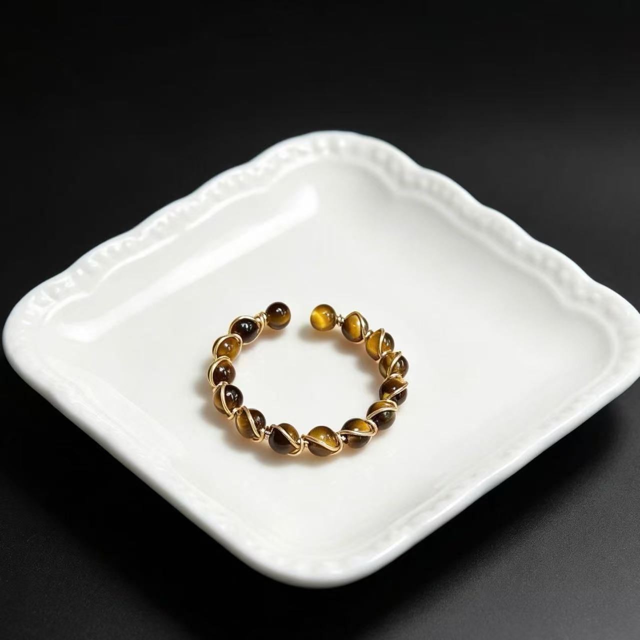 设计款纯银绕线戒指包金女款指环天然虎眼青金石南红编织缠绕戒指